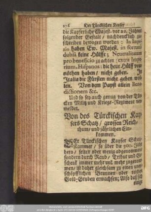 Von deß Türckischen Kaysers Schatz/ grossen Reichthum/ und jährlichen Einkommen.