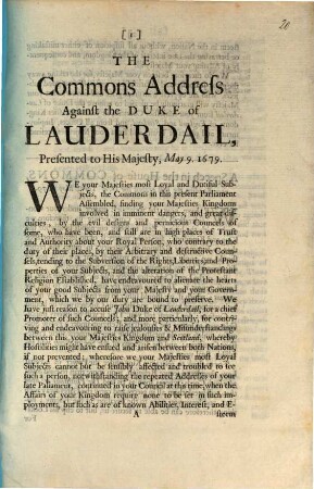 The commons address against the duke of Lauderdall