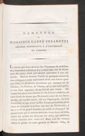 Demandes À Monsieur L'Abbè Cesarotti Célèbre Professeur À L'Université De Padoue.
