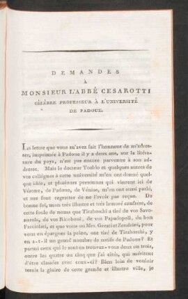 Demandes À Monsieur L'Abbè Cesarotti Célèbre Professeur À L'Université De Padoue.
