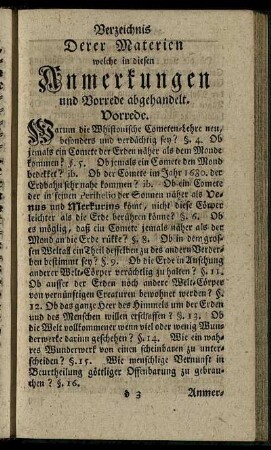 Verzeichnis Derer Materien welche in diesen Anmerkungen und Vorrede abgehandelt.