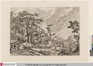 [Landschaft mit einer Schlossanlage hinter Häusern, zwei Schäfer im Vordergrund; Landscape with a castele behind cottages, to the left two shepherds]