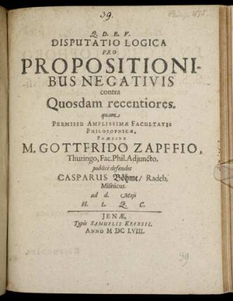 Disputatio Logica Pro Propositionibus Negativis contra Quosdam recentiores