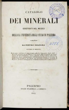 Catalogo Dei Minerali Esistenti Nel Museo Della R. Università Degli Studj Di Palermo