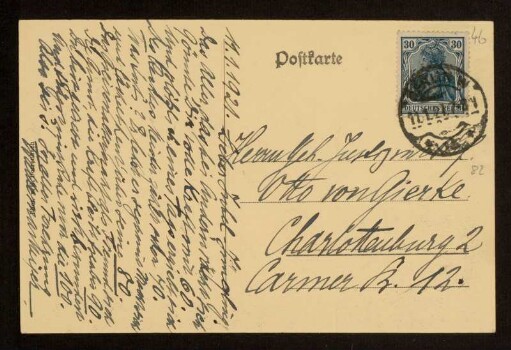 46: Postkarte von Waldemar Meyer an Otto von Gierke, Berlin, 11.1.1921