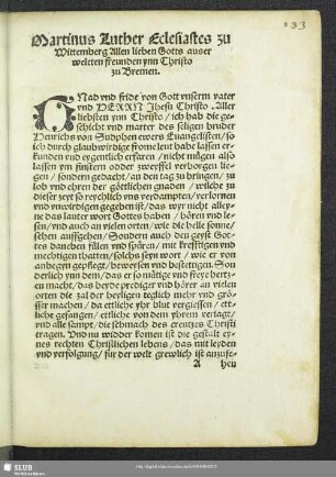 Martinus Luther Eclesiastes zu Wittemberg allen lieben Gotts auser weleten freunden ynn Christo zu Bremen