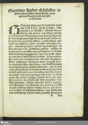 Martinus Luther Eclesiastes zu Wittemberg allen lieben Gotts auser weleten freunden ynn Christo zu Bremen