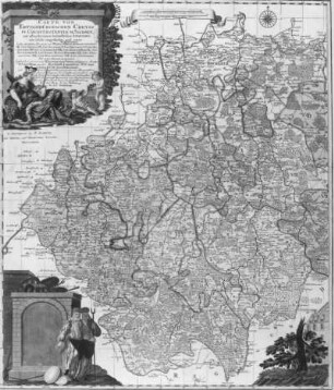 Carte von Ertzgebürgischen Creyss in Churfürstenthum Sachsen (Erzgebirge und Sächsische Schweiz) in 2 Blättern mit Darstellungen aus dem Bergbau. Maßstab circa 1:175000. Stich, koloriert; 59,0 x 50,5 cm. Peter Schenk, Amsterdam (1757). Blatt 1: Westerzgebirge mit Kartusche und Darstellung aus dem Hüttenwesen. Dresden: SLUB Kartensammlung A 14046/47