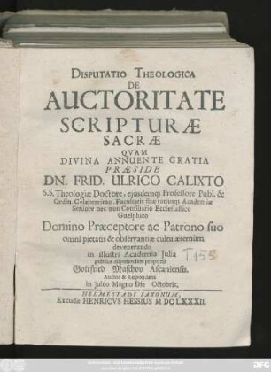 Disputatio Theologica De Auctoritate Scripturae Sacrae