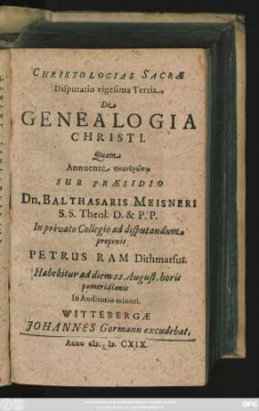 Christologias Sacrae Disputatio vigesima Tertia, De Genealogia Christi.