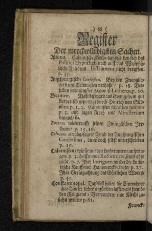 Register der merckwürdigsten Sachen.