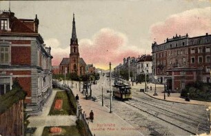 Postkartenalbum. "Karlsruhe - Durlacher Allee und Bernharduskirche". Kirche St. Berhard, Durlacher Tor