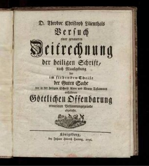 Theodor Christoph Lilienthals Versuch einer genaueren Zeitrechnung der heiligen Schrift