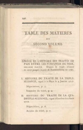 Table des Matieres du Second Volume