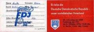 Teilnehmerkarte für den Fackelzug der FDJ anlässlich des 25. Jahrestages der DDR mit Fahrkarte