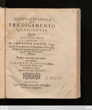 Disputatio Logica De Praedicamento Qualitatis
