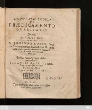 Disputatio Logica De Praedicamento Qualitatis