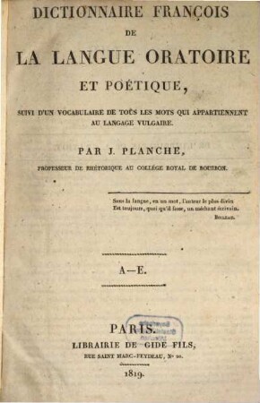 Dictionnaire françois de la langue oratoire et poétique. 1. (1819)