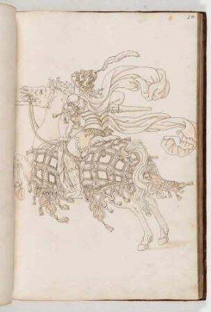 Reiter mit Lanze und wehender Kleidung auf einem springenden Pferd, in: Equestrium statuarum [...] formae [...] artificiosissime pictis, Bl. 50