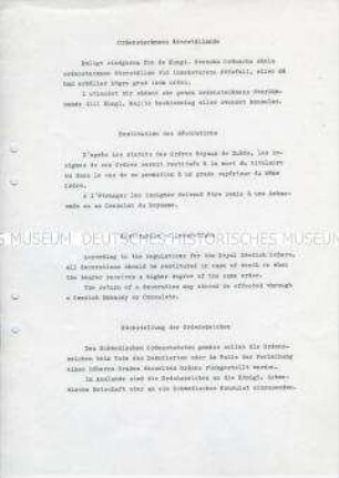 Schreiben zur Restitution des Königlichen Nordstern-Ordens (Kungliga Nordstjärneorden)