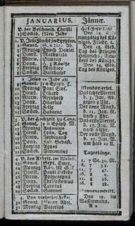 Januarius. Jänner. Februarius. Hornung
