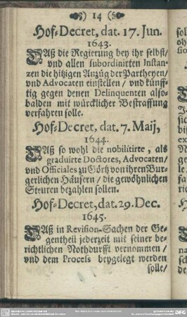 Hof-Decret, dat. 7. Maij, 1644