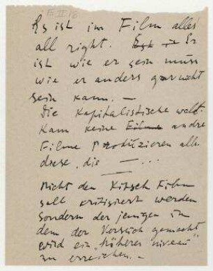[Es ist in Film alles all right. Er ist wie er sein muss wie er anders gar nicht sein kann]. Unveröffentlichtes Manuskript