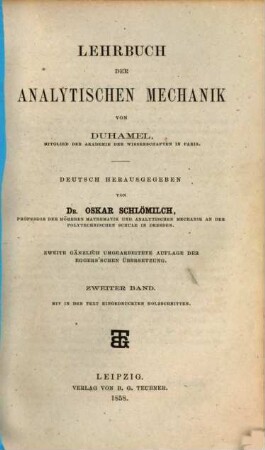 Lehrbuch der analytischen Mechanik : Dt. hrsg. von Oskar Schlömilch. 2.