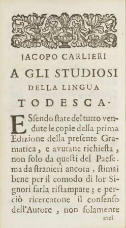 Jacopo Carlieri A Gli Studiosi Della Lingua Todesca