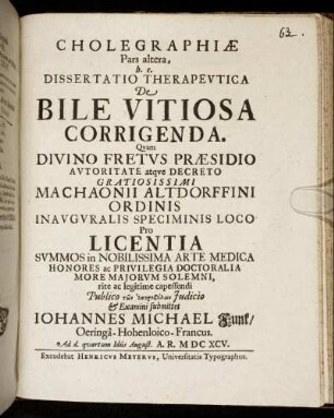 Cholegraphiae Pars altera, h. e. Dissertatio Therapeutica De Bile Vitiosa Corrigenda