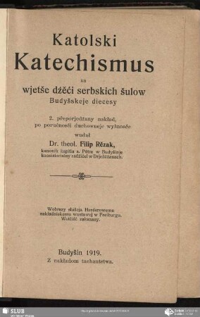Katolski Katechizmus : za wjetše dzěći serbskich šulow Budyšskeje diecesy