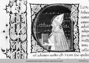 De civitas dei : Blatt mit Randbordüre, Text und historisierter Initiale G: Augustinus