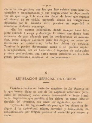 X. Lejislacion especial de chinos