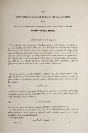Dimostrazione di alcune formole del sig. liouville nota del dottore aggregato in matematica nella r. universita' di genova (Continuazione vedi pag. 14).