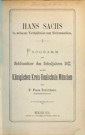 Hans Sachs in seinem Verhältniss zur Reformation