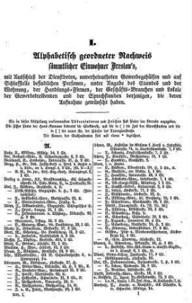 I. Alphabetisch geordneter Nachweis sämmtlicher Einwohner Breslau´s