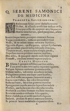 Quinti Sereni Samonici De medicina praecepta saluberrima