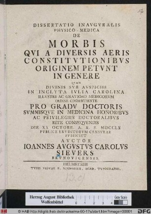 Dissertatio Inavgvralis Physico-Medica De Morbis Qvi A Diversis Aeris Constitvtionibvs Originem Petvnt In Genere