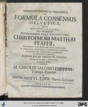 Dissertatio Historico-Theologica De Formula Consensus Helvetica