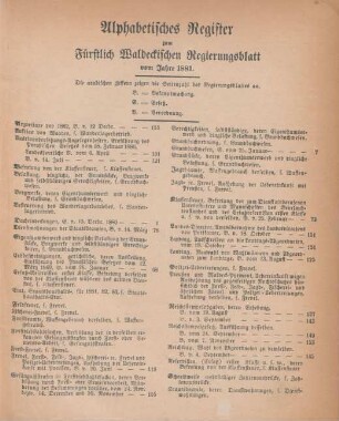 Alphabetisches Register zum Fürstlich Waldeckischen Regierungsblatt vom Jahre 1881