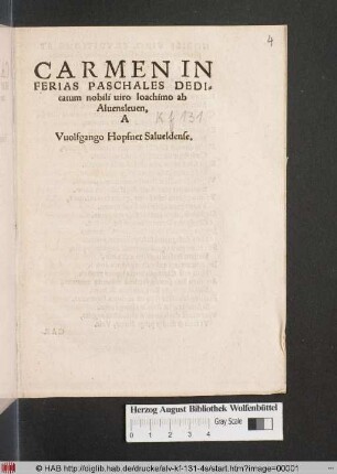 Carmen In Ferias Paschales dedicatum nobili uiro Ioachimo ab Aluensleuen