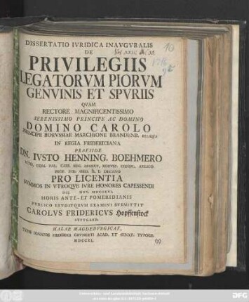 Dissertatio Ivridica Inavgvralis De Privilegiis Legatorvm Piorvm Genvinis Et Spvriis