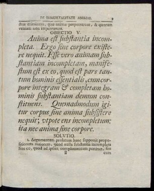 Objecto V. Anima est substantia incompleta. Ergo fine copore existere nequit ...