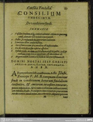 Consilium Undecimum. De venditione feudi