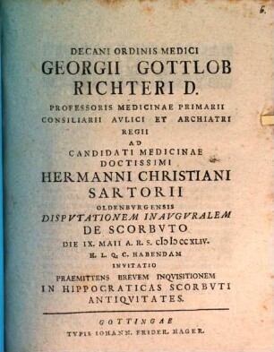 Ad Hermanni Christiani Sartorii disputationem inauguralem invitatio, praemittens brevem inquisitionem in Hippocraticas scorbuti antiquitates