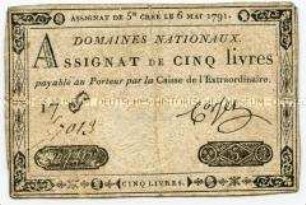 Frankreich, Assignat 5 Livres