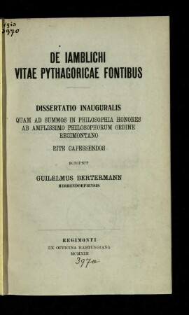 De Iamblichi vitae Pythagoricae fontibus