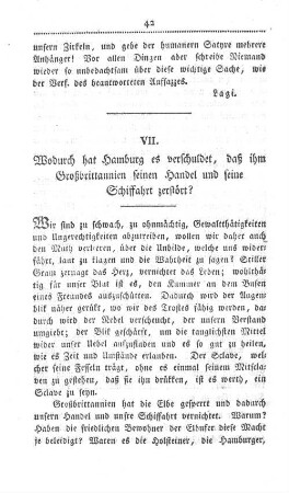 VII. Wodurch hat Hamburg es verschuldet, daß ihm Großbrittannien seinen Handel und seine Schiffahrt zerstört?