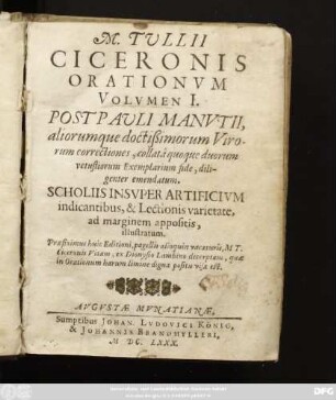 1: M. Tullii Ciceronis Orationum Volumen ...