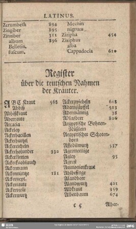 Register über die teutschen Nahmen der Kräuter